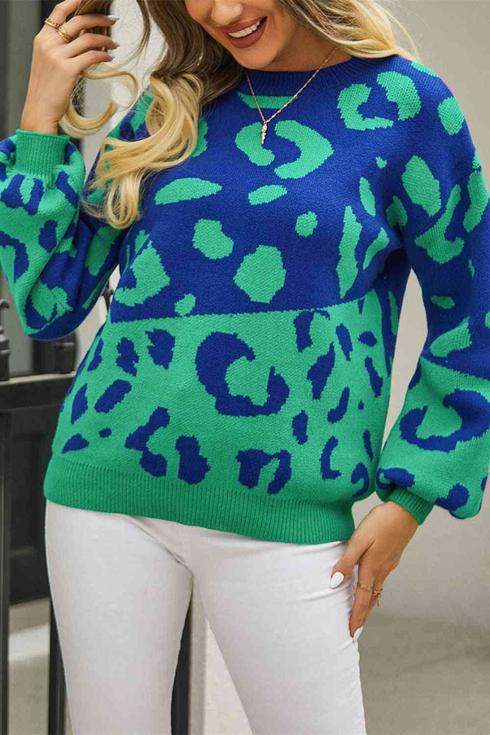 Angel Wings Woven Right Leopard Round Neck Dropped Shoulder Sweater - Hovatok