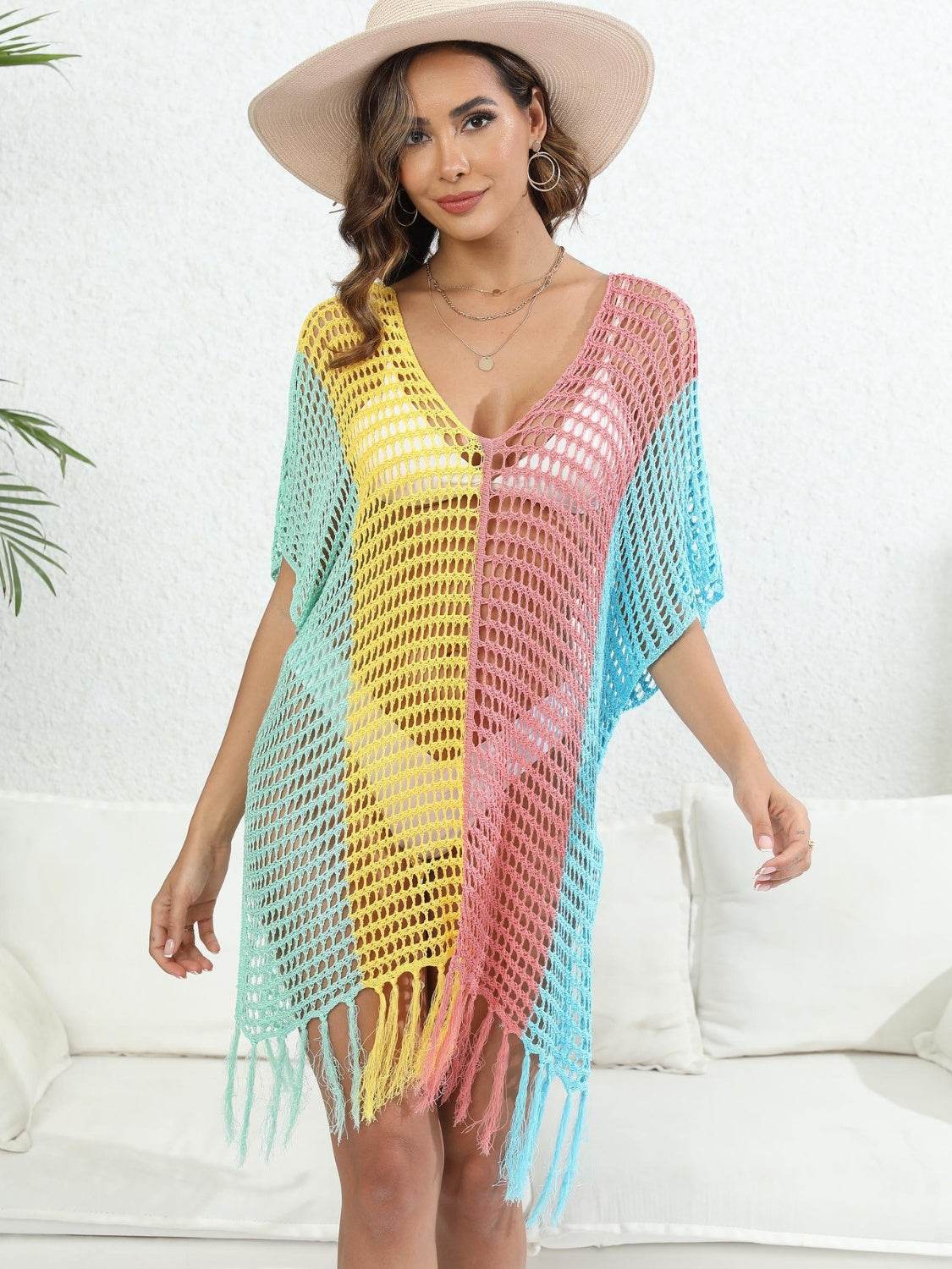 Fringe Color Block Scoop Neck Cover Up - Hovatok