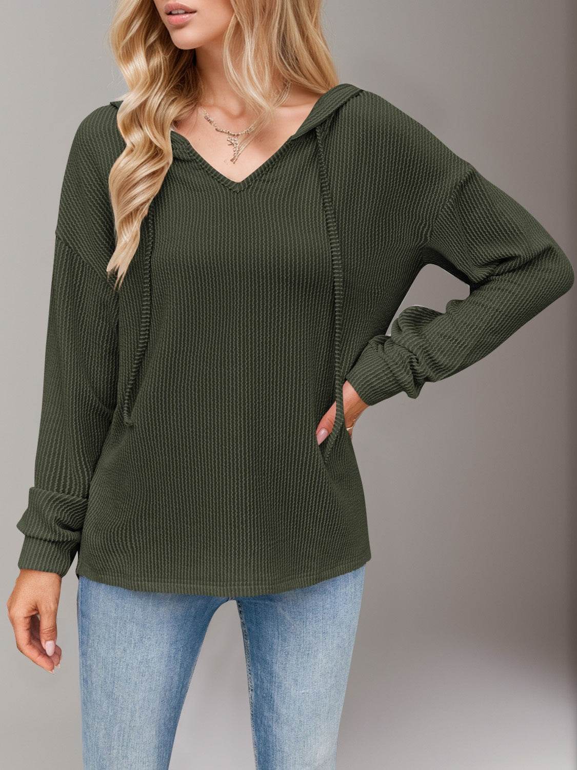 Double Take Drawstring Dropped Shoulder Long Sleeve Hoodie - Hovatok