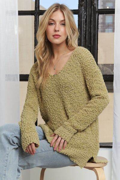 ADORA High-Low Side Slit V-Neck Sweater - Hovatok
