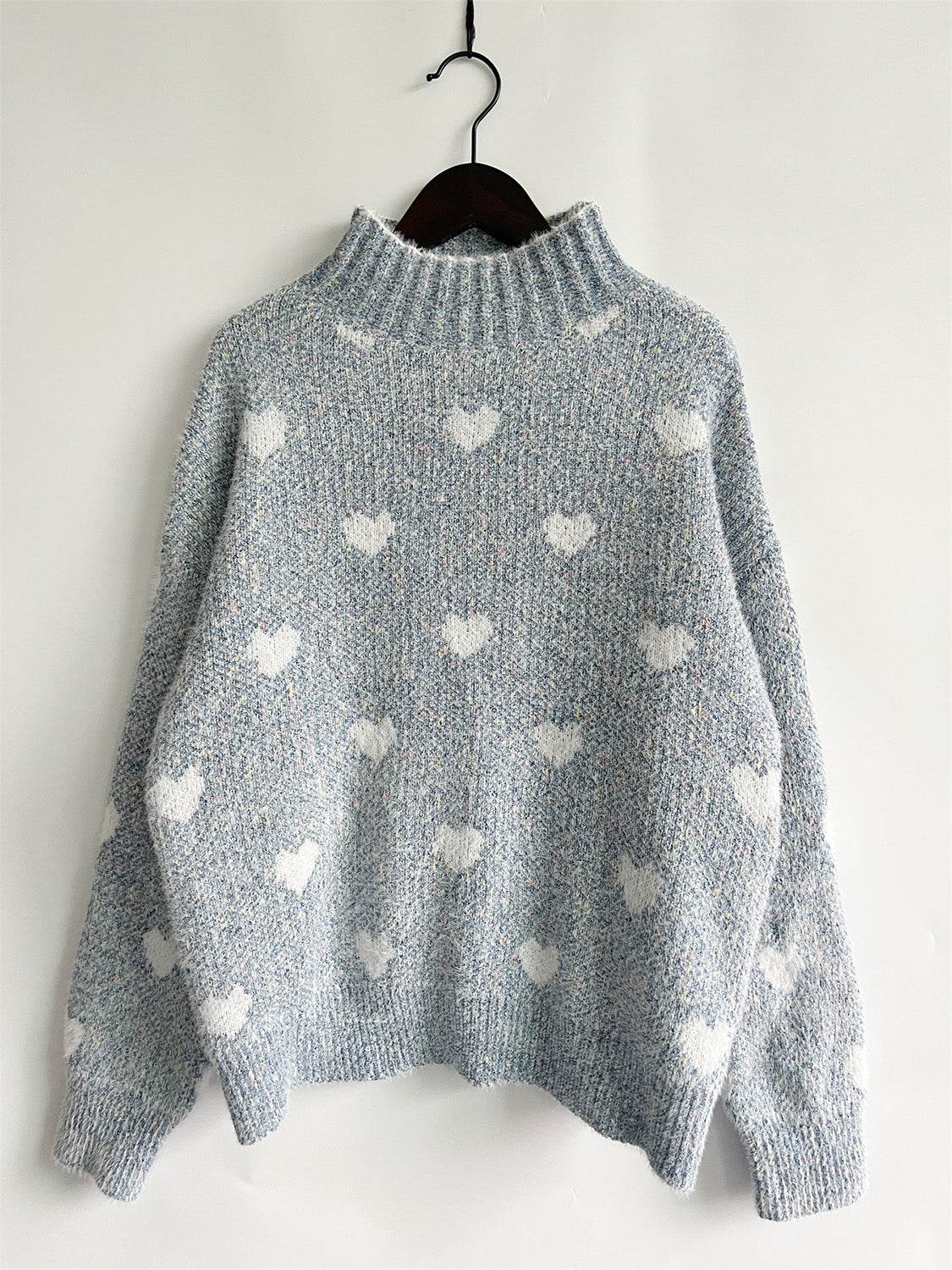 Heart Heathered Turtleneck Drop Shoulder Sweater - Hovatok