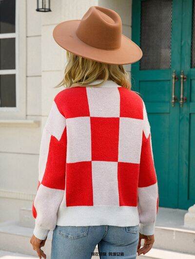 Angel Wings Checkered Round Neck Dropped Shoulder Sweater - Hovatok