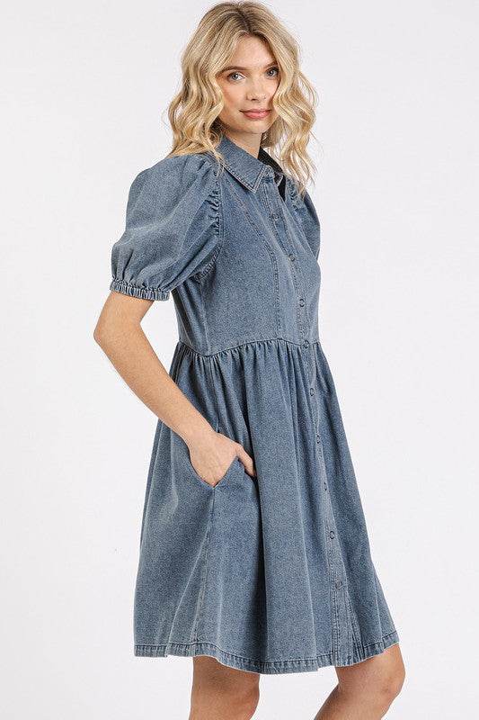 Mittoshop Button Down Puff Sleeve Denim Dress - Hovatok