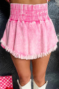 Washed Wide Smocked Waistband Frayed Denim Shorts - Hovatok