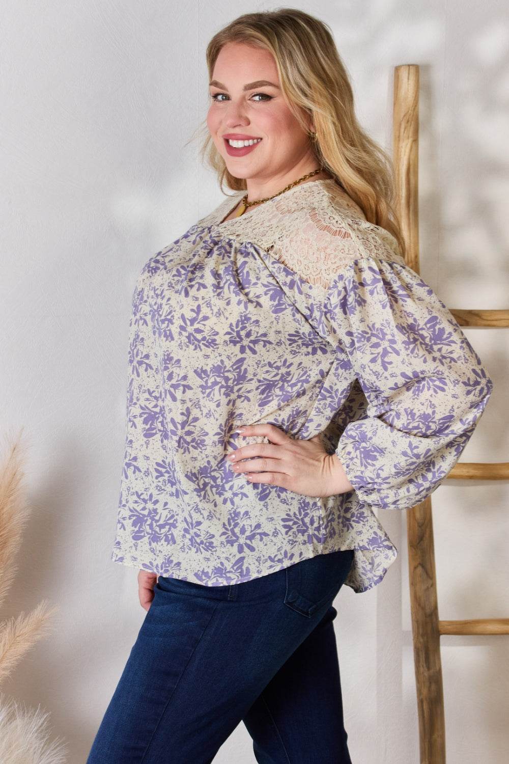 Hailey & Co Full Size Lace Detail Printed Blouse - Hovatok