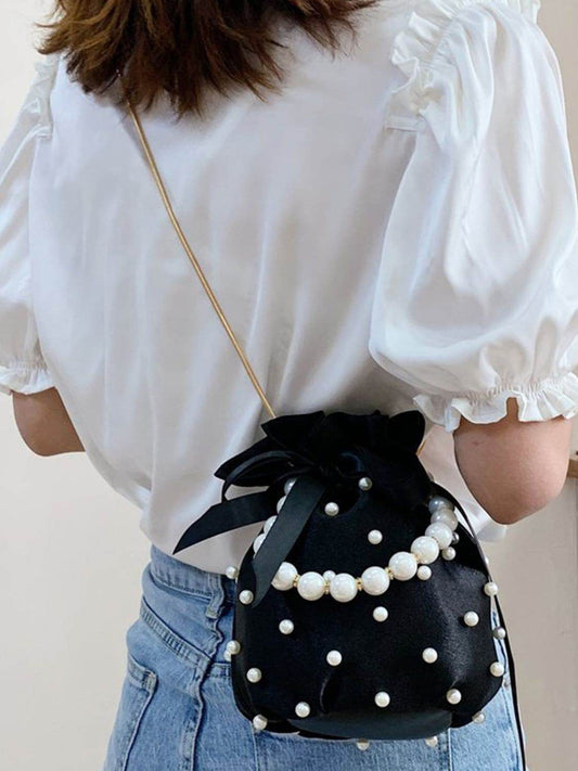 Pearl Detail Solid Color Bucket Bag - Hovatok