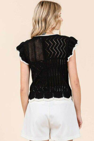 Mittoshop Openwork Contrast Trim Ruffled Cap Sleeve Knit Top - Hovatok