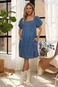 ADORA Square Neck Puff Sleeve Denim Dress - Hovatok