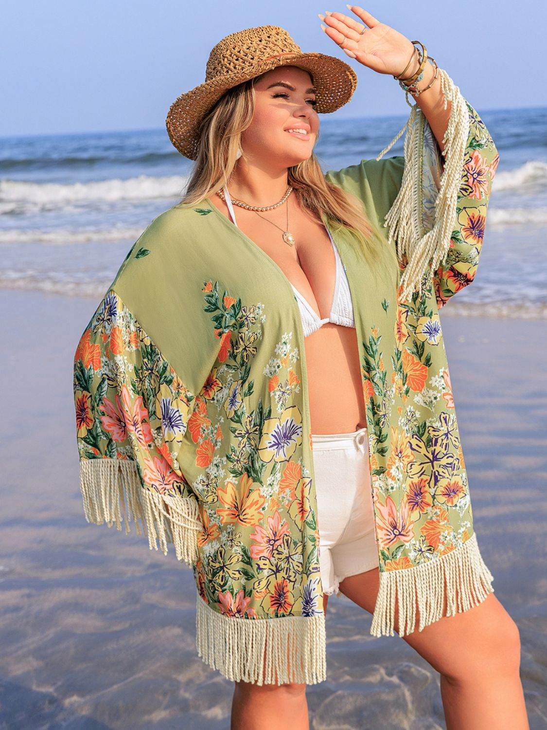 Plus Size Fringe Open Front Cover-Up - Hovatok