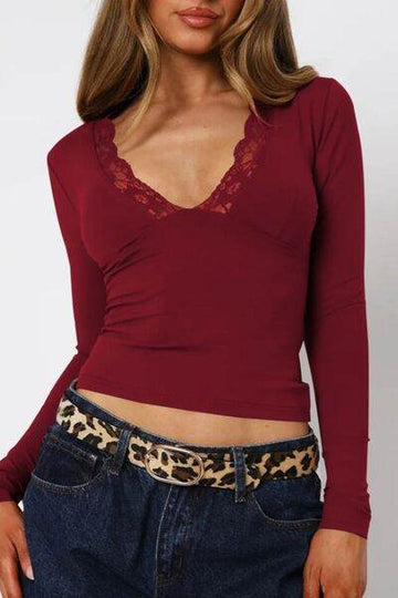 Lace Detail V-Neck Long Sleeve T-Shirt - Hovatok