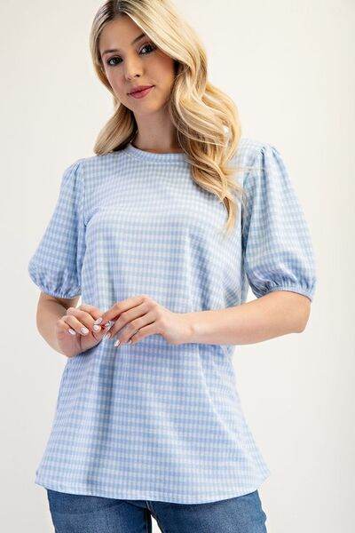 Celeste Full Size Gingham Print Top With Puff Sleeves Plus Size - Hovatok