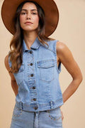 Annie Wear Collared Neck Button Down Denim Vest - Hovatok