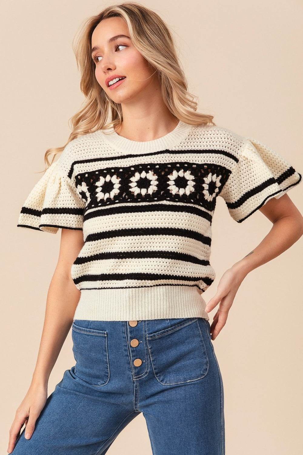 BiBi Granny Square Short Sleeve Striped Sweater - Hovatok