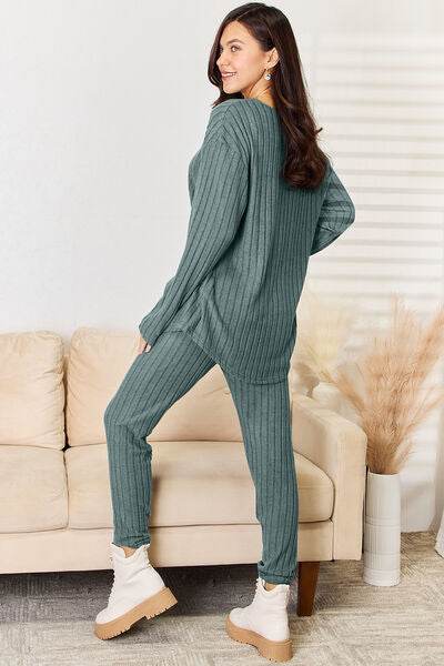 Basic Bae Full Size Notched Long Sleeve Top and Pants Set - Hovatok