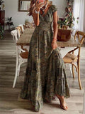 Full Size Smocked Printed V-Neck Short Sleeve Dress - Hovatok