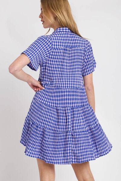 Umgee Full Size Gingham Tiered Button Detail Short Sleeve Dress Plus Size - Hovatok