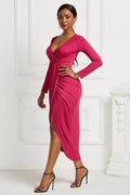 High-low Ruched Surplice Long Sleeve Dress - Hovatok