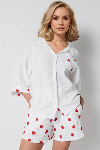Basic Bae Heart Collared Neck Button Down Top and Shorts Set - Hovatok