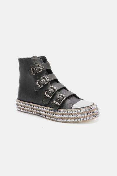 Beast Fashion Multi-Buckle Straps Studded Platform Sneakers - Hovatok