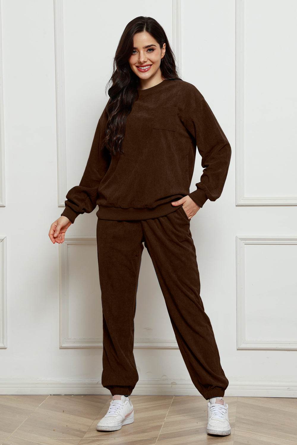 Corduroy Round Neck Sweatshirt and Sweatpants Set - Hovatok