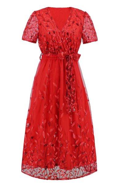 Sequin Leaf Embroidery Tie Front Short Sleeve Dress - Hovatok