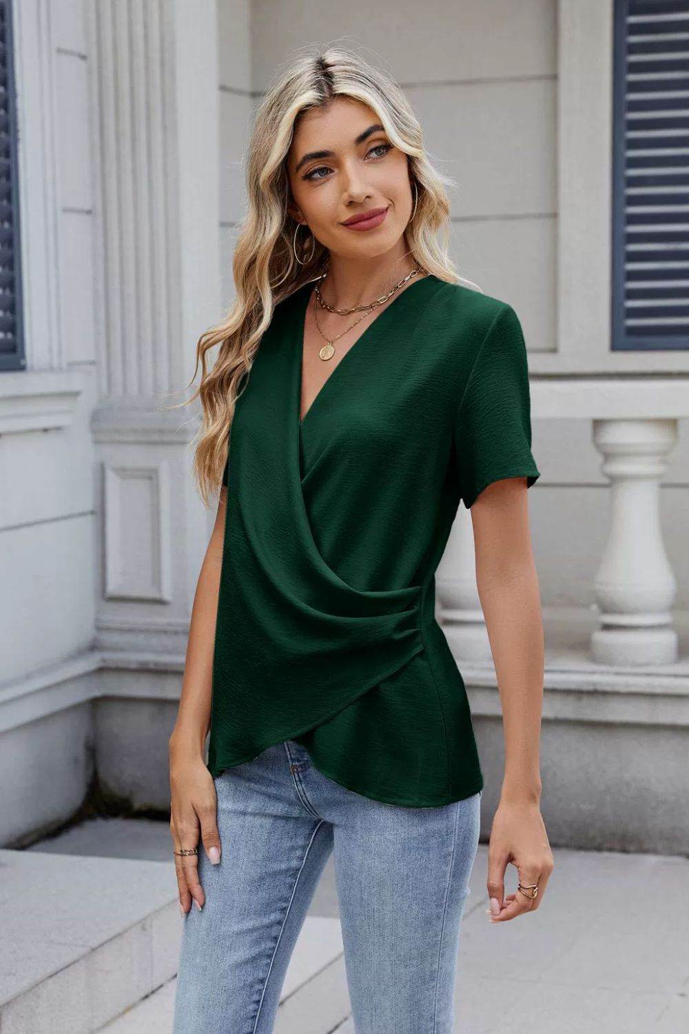 Solid Color Surplice Short Sleeve Blouse - Hovatok