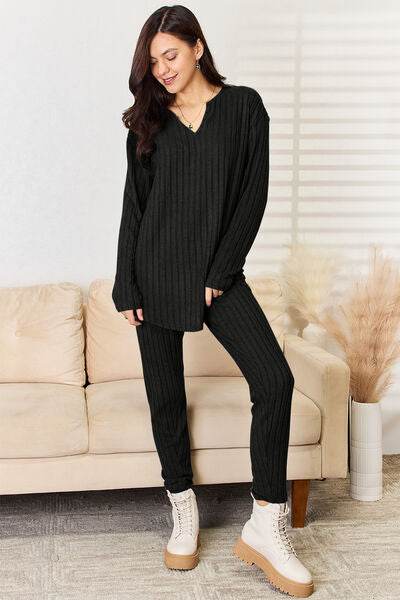 Basic Bae Full Size Notched Long Sleeve Top and Pants Set - Hovatok