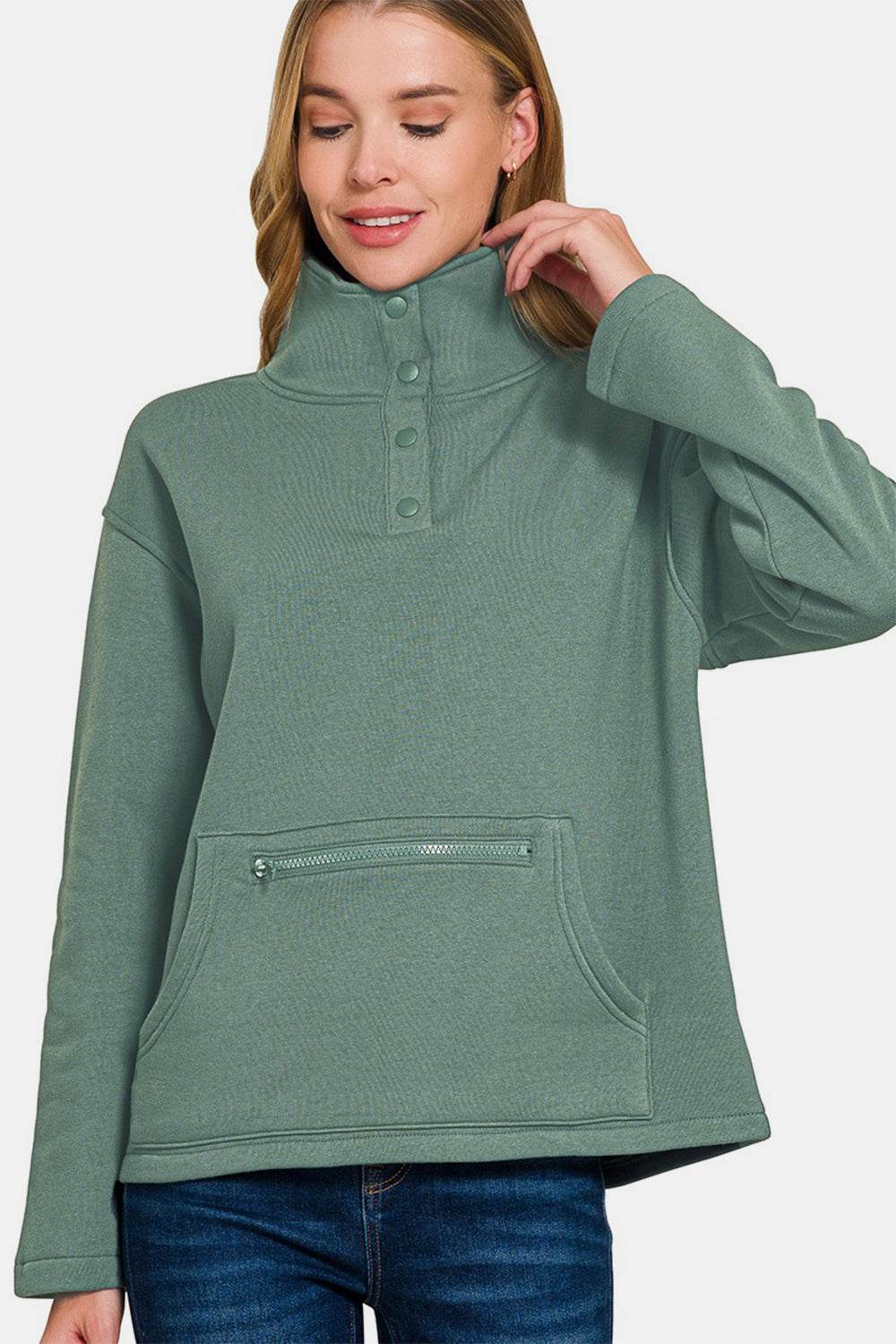 Zenana Turtleneck Half Snap Fleece Sweatshirt - Hovatok