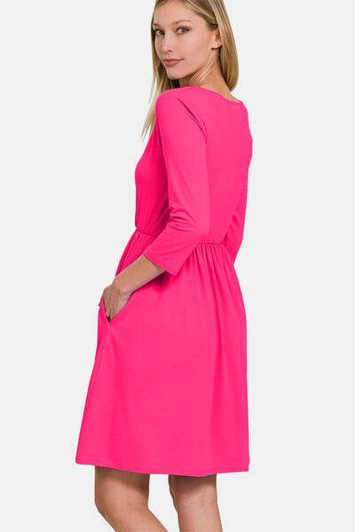 Zenana Three-Quarter Sleeve Surplice Dress with Pockets - Hovatok