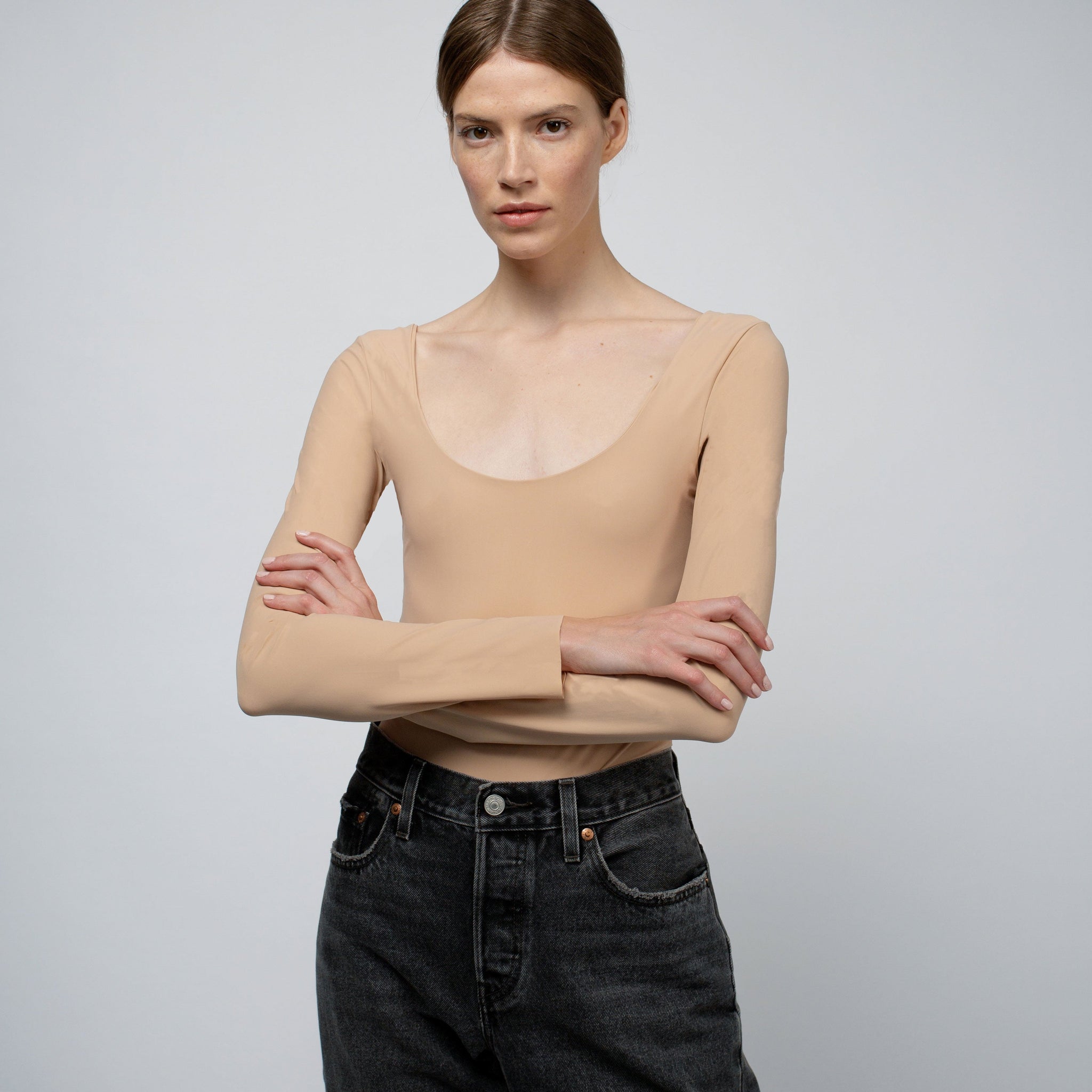 LUELLA DOUBLE LAYER BALLET NECKLINE BODYSUIT IN LATTE