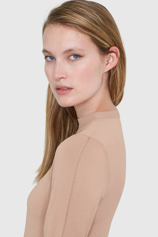 AMBER CREW NECK VISCOSE BODYSUIT IN BEIGE