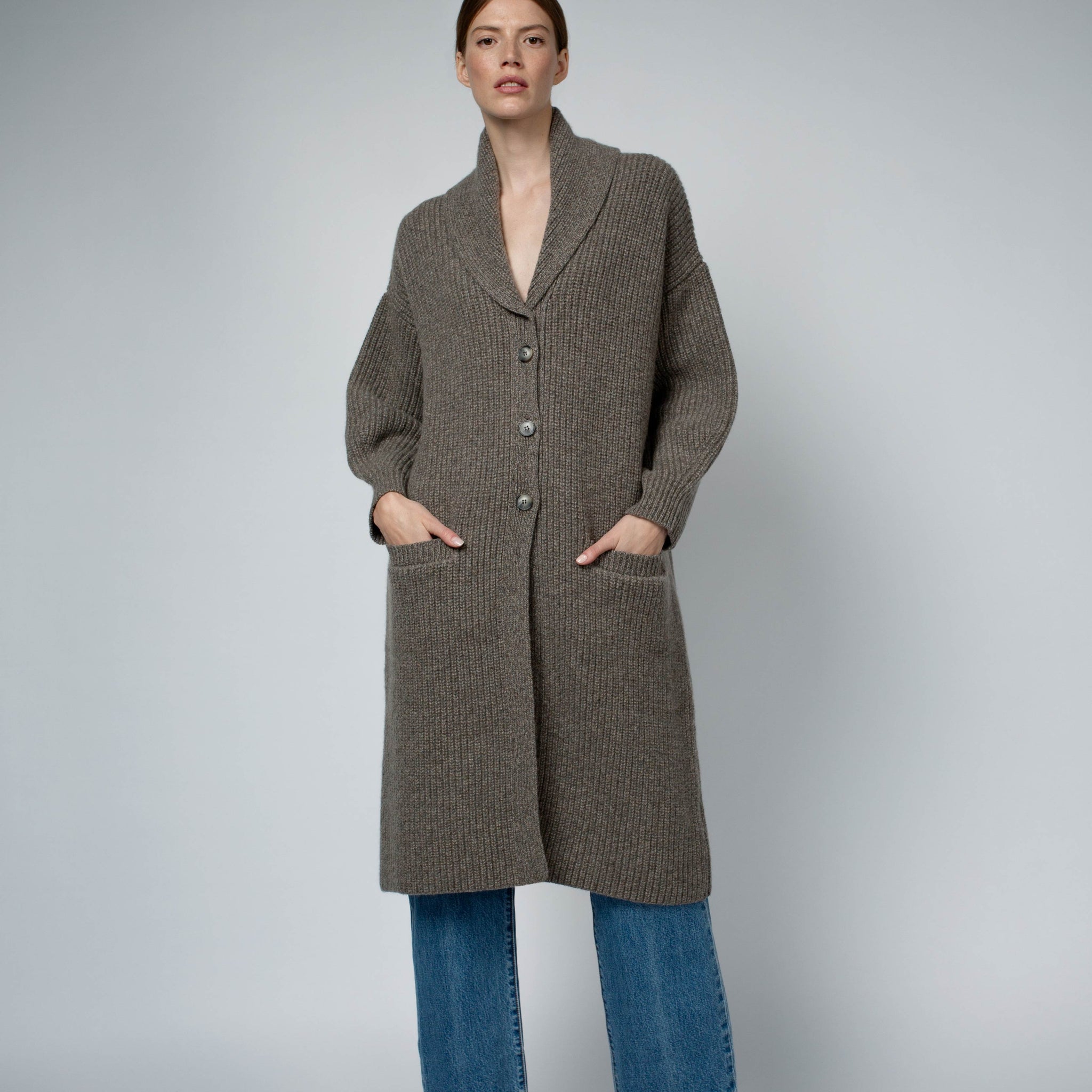 MARA CASHMERE SWEATER COAT IN WALNUT