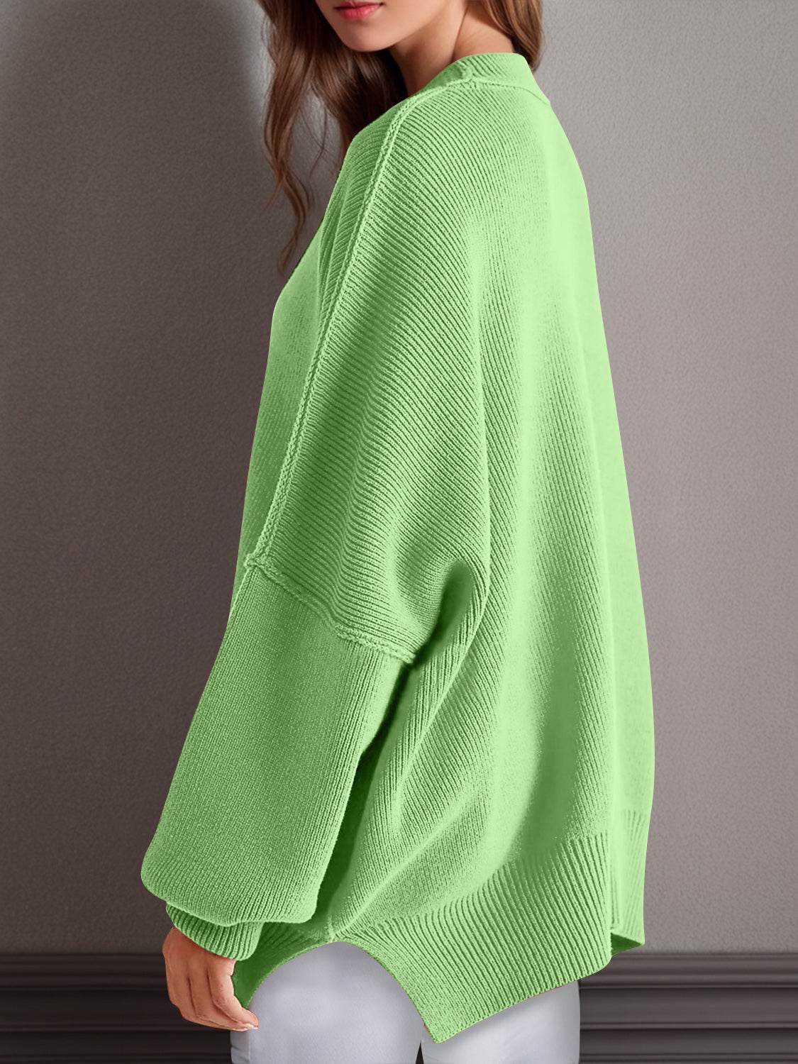 Double Take Side Slit Round Neck Long Sleeve Sweater - Hovatok