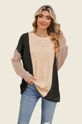 Double Take Texture Contrast Round Neck Long Sleeve T-Shirt - Hovatok