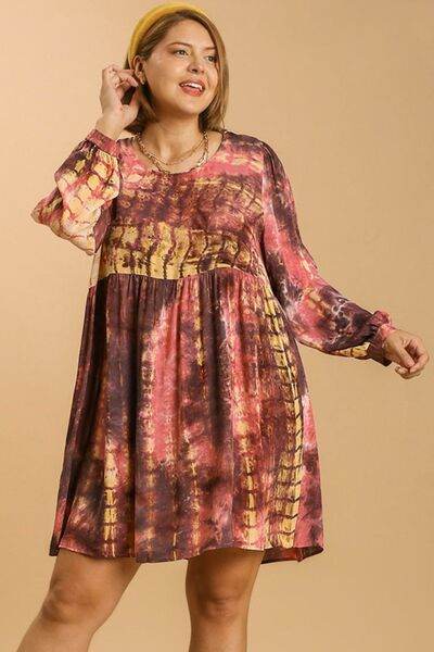 Umgee Full Size Tie Dye Long Sleeve Babydoll Dress with Keyhole Plus Size - Hovatok