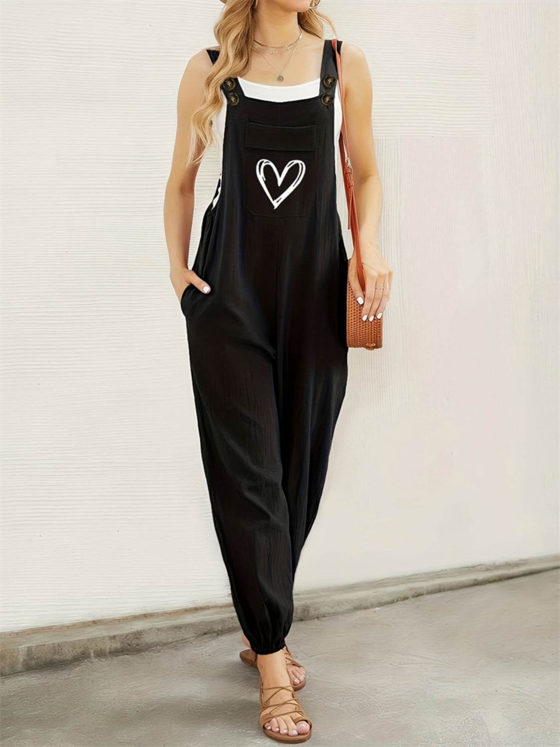 Heart Square Neck Wide Strap Overalls - Hovatok