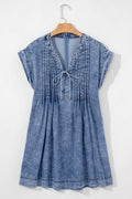 Tie V Neck Tucking Detail Short Sleeve Denim Dress - Hovatok