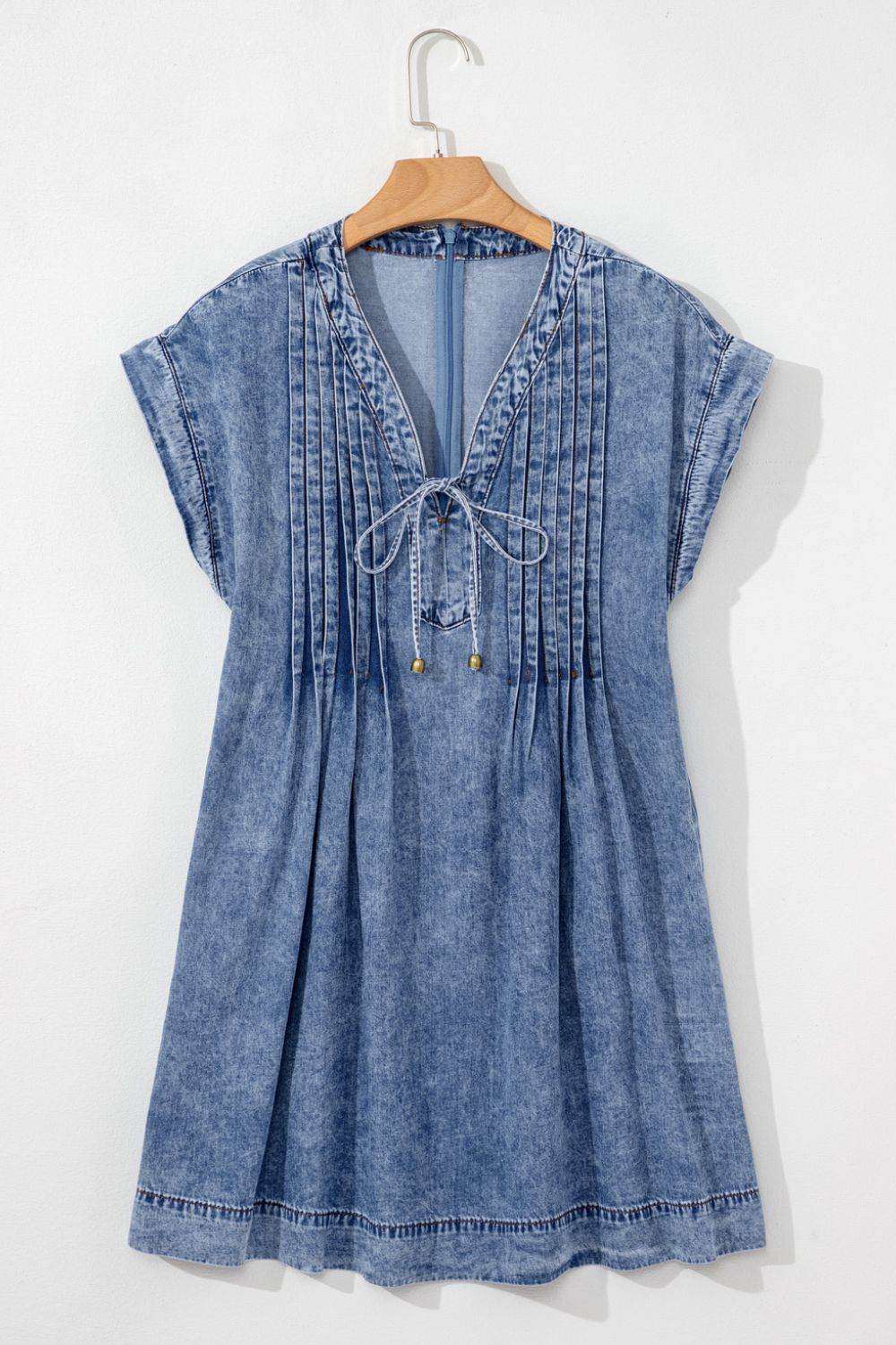 Tie V Neck Tucking Detail Short Sleeve Denim Dress - Hovatok