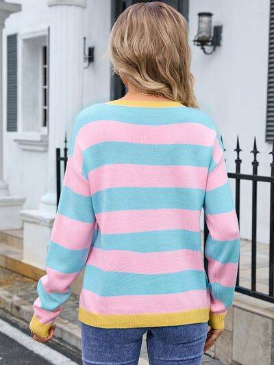 Angel Wings Striped Round Neck Dropped Shoulder Sweater - Hovatok