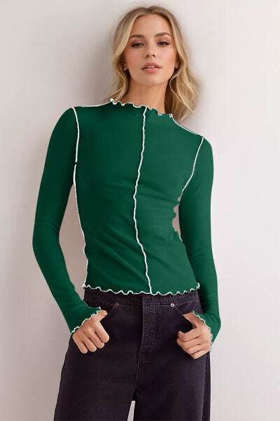 Basic Bae Contrast Trim Mock Neck Long Sleeve T-Shirt - Hovatok