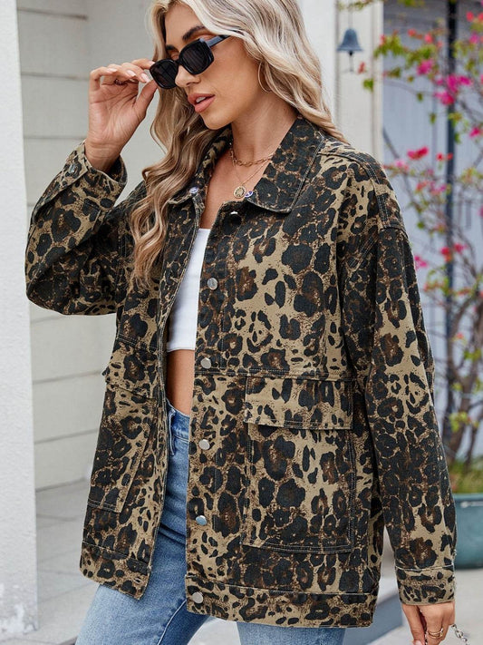 Leopard Button Up Drop Shoulder Denim Jacket - Hovatok