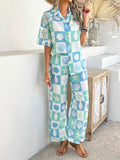 Devine Printed Collared Neck Half Sleeve Top and Pants Set - Hovatok