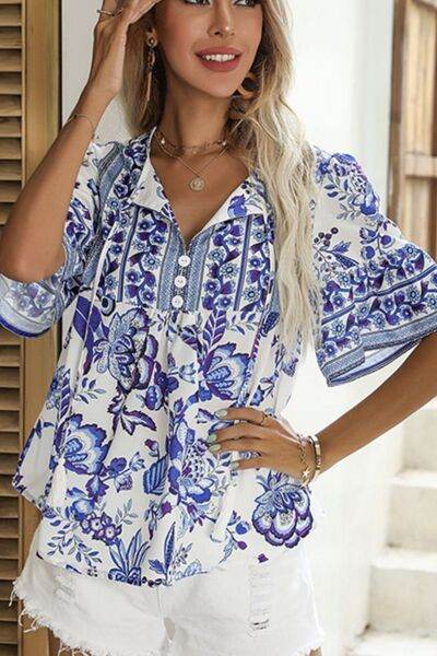 Perfee Printed Buttoned Flounce Sleeve Blouse - Hovatok