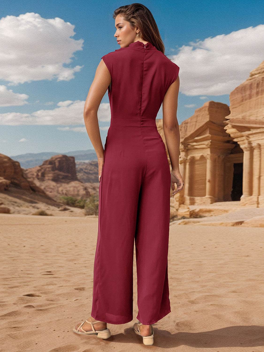 Perfee Ruched Mock Neck Sleeveless Jumpsuit - Hovatok