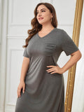 Plus Size Pocketed V-Neck Short Sleeve Lounge Dress - Hovatok