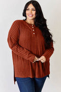 Basic Bae Full Size Ribbed Half Button Long Sleeve High-Low T-Shirt - Hovatok
