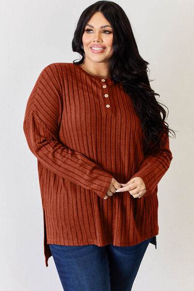 Basic Bae Full Size Ribbed Half Button Long Sleeve High-Low T-Shirt - Hovatok