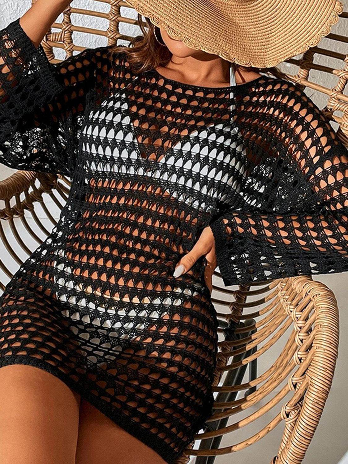 Openwork Boat Neck Long Sleeve Cover-Up - Hovatok