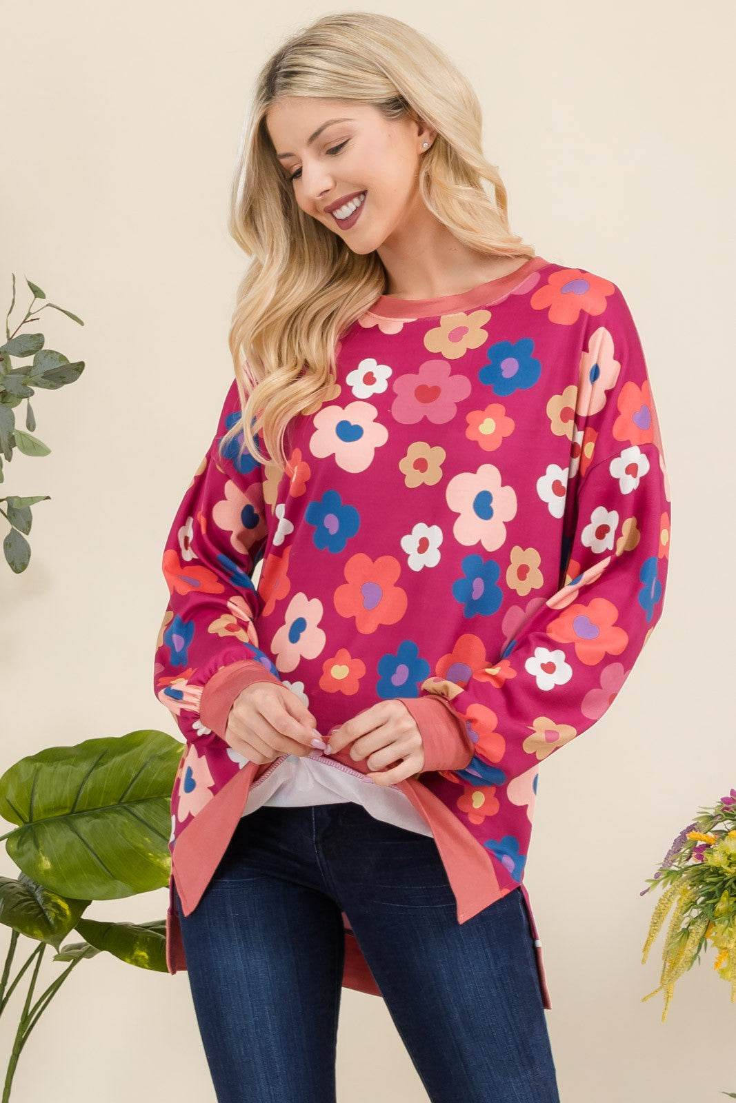 Celeste Full Size Side Slit Flower Print Long Sleeve Top - Hovatok