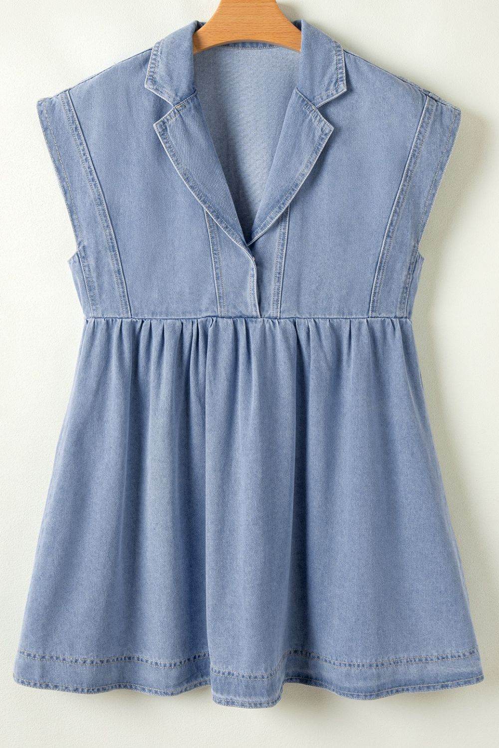 Lapel Neck Cap Sleeve Denim Babydoll Dress - Hovatok